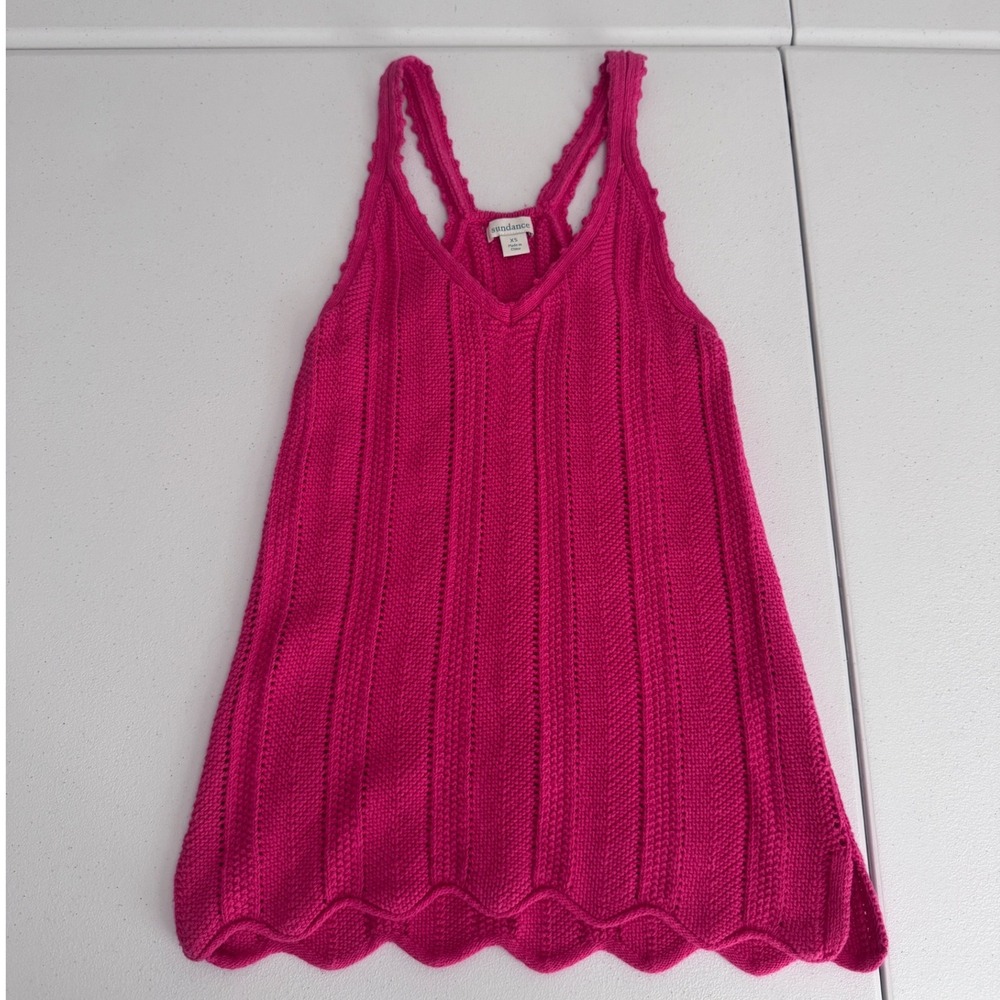 Sundance Pink Linen Blend Knit Tank Top Scallop Hem Boho chic resort V-Neck XS d